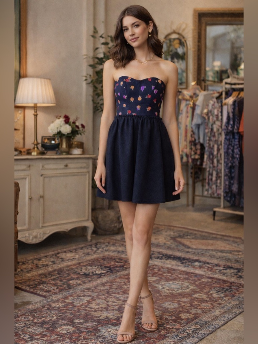 NWT Anthropologie Maple Vie En Rose Strapless Wool Mini Dress Floral Size Small
